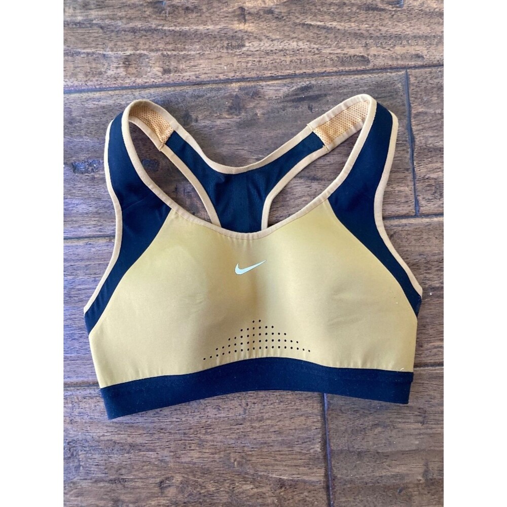 NIKE Dri-FIT Swoosh Racerback Sports Bra Womens Size XS Gold Black
